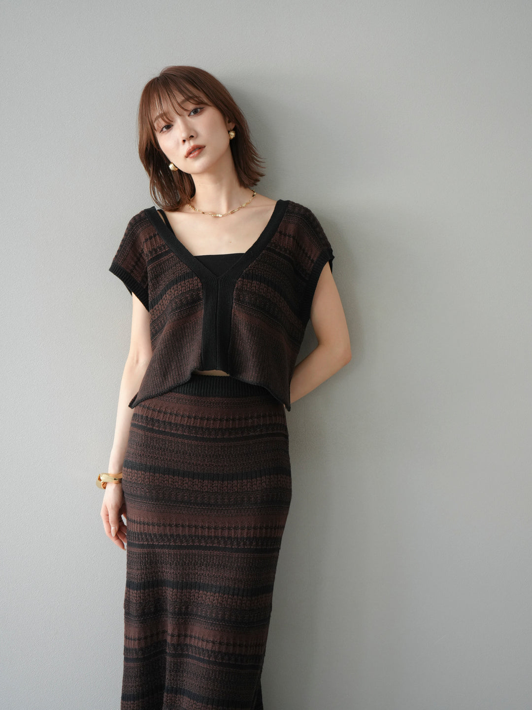 [予約]ガーター編み2WAYニットベスト/ブラウン×ブラック