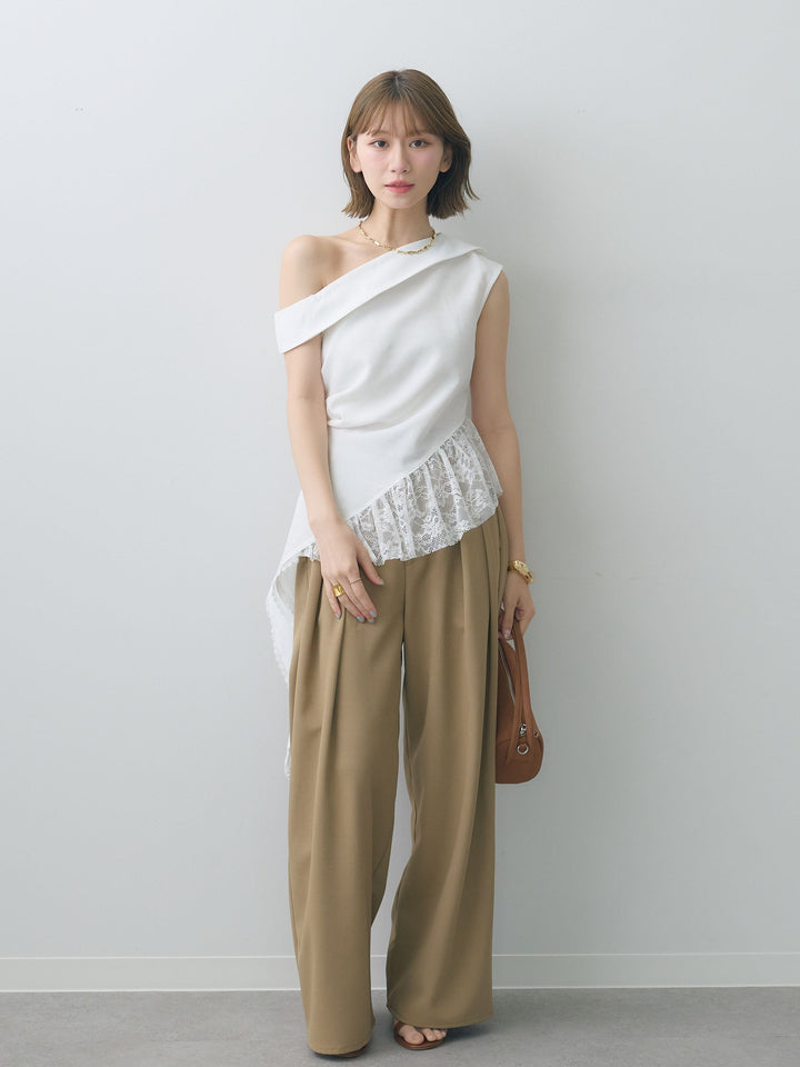 [SET]アシンメトリーラッフルレースヘムトップス+クレープデシンタックワイドパンツ(2set)