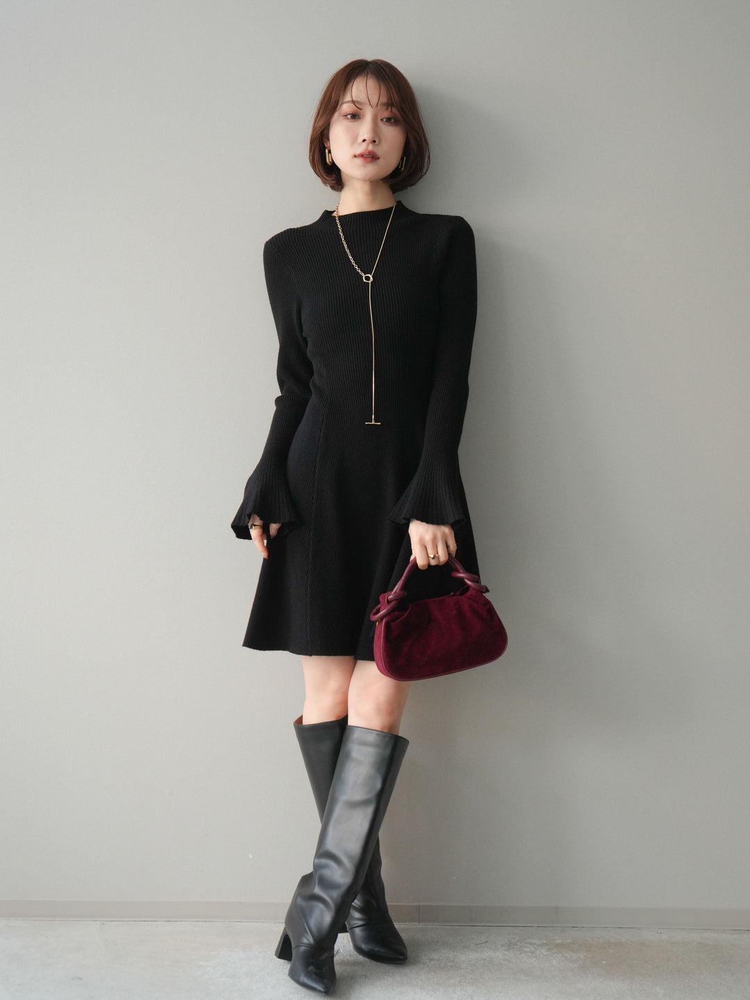 [予約]フレアリブニットミニワンピース/black