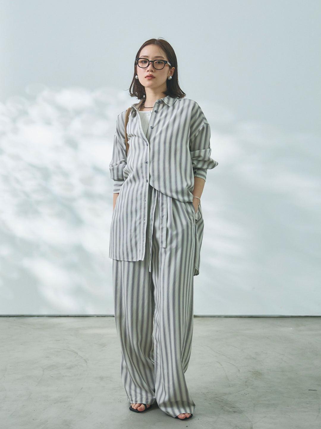 【Allure】[SET]ストライプオーバーシャツ+フロントボタンテレコリブタンクトップ+ストライプイージーパンツ(3set)