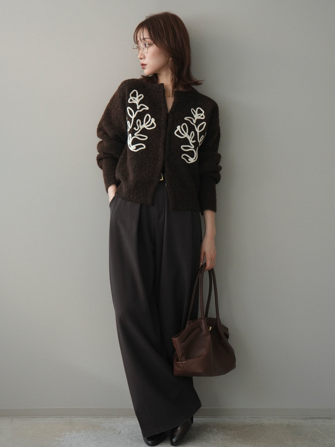 [SET]テープ刺繍ホック開きブークレニットカーディガン+ベルトループデザインワイドパンツ(2set)