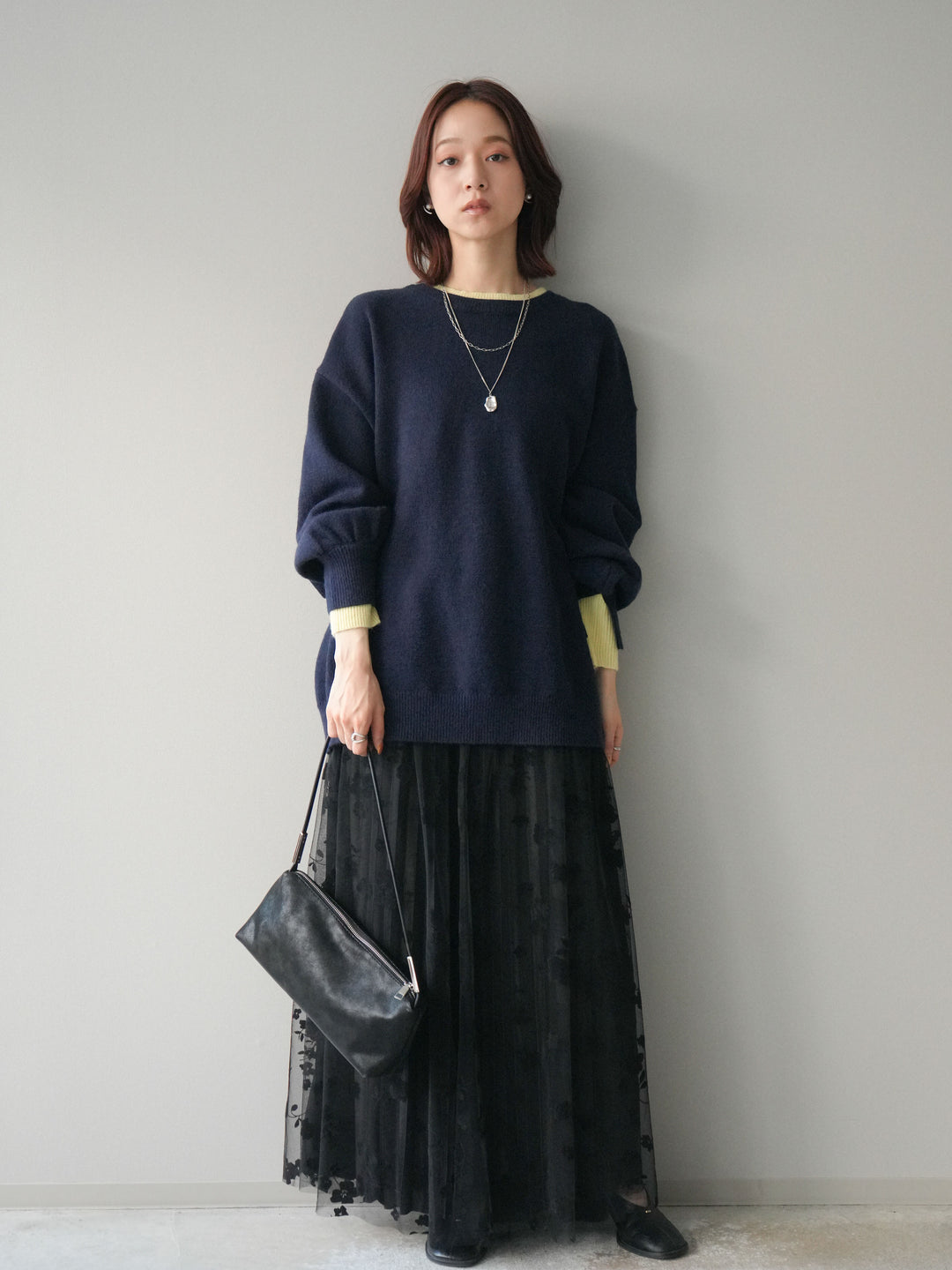 [SET]ヘンリーネック配色レイヤードニットプルオーバー+フラワーフロッキーチュールプリーツスカート(2set)