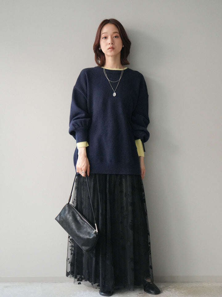 [SET]ヘンリーネック配色レイヤードニットプルオーバー+フラワーフロッキーチュールプリーツスカート(2set)