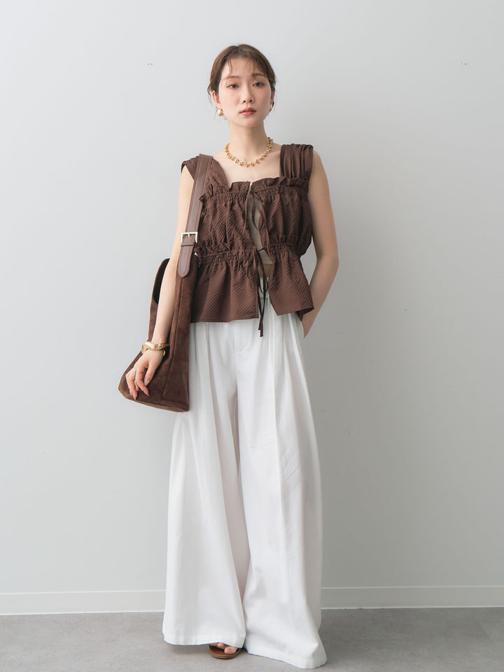 【預購】褶皺荷葉邊無袖上衣 / 棕色