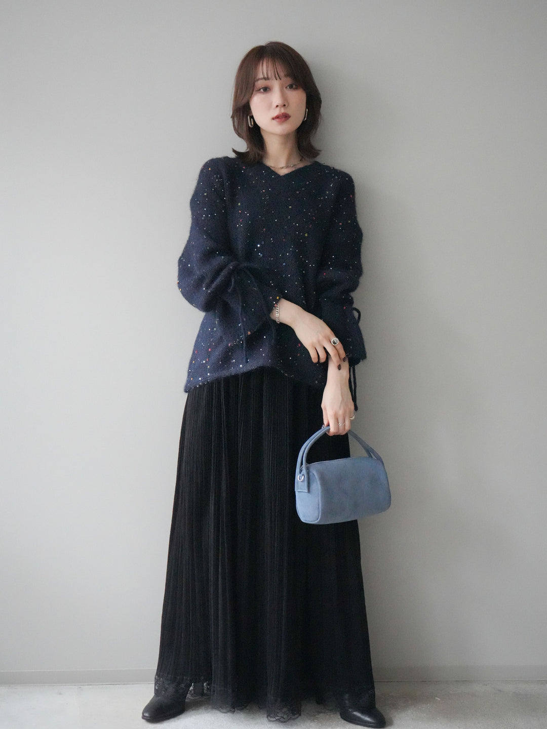 [予約]キャンディースリーブカラーネップスパンコールニットプルオーバー/navy