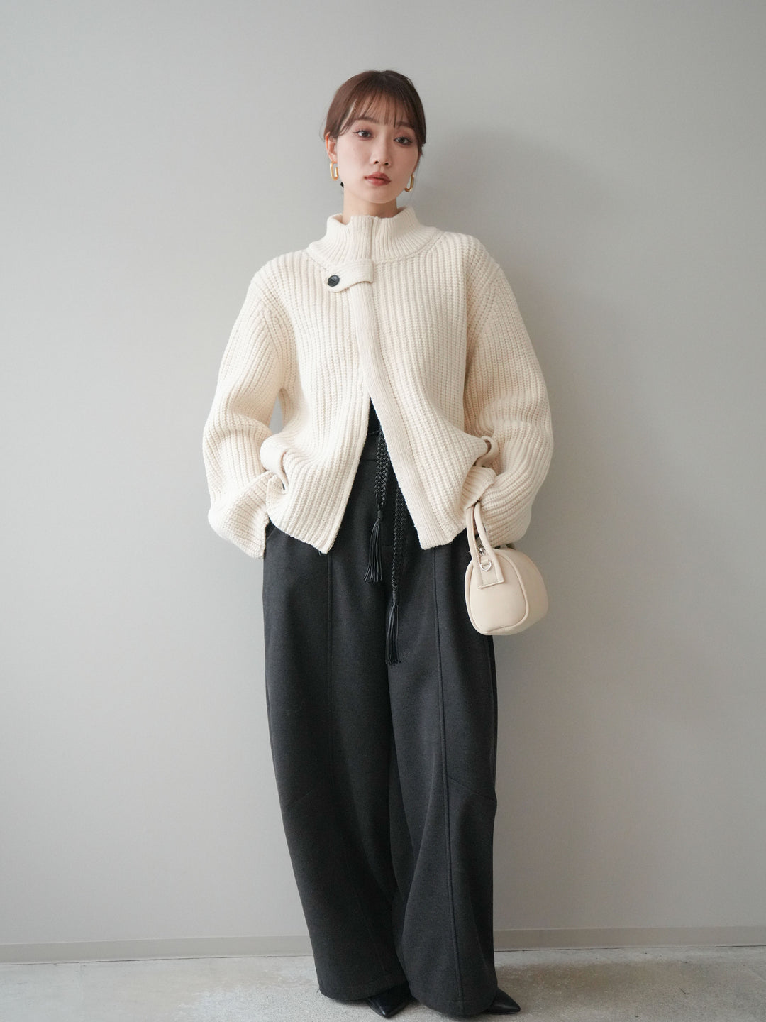 [SET]畦編みボトルネックZIPニットカーディガン+ベルト付裏起毛センターシームカーブパンツ(2set)