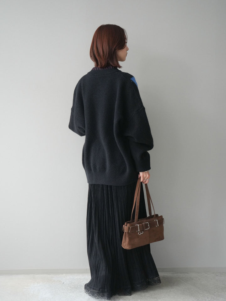 [SET]ハンドステッチアーガイルデザインニットカーディガン+裾レーススウェードプリーツマキシスカート(2set)