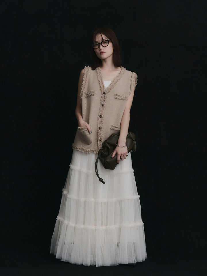 【Allure】[SET]アンティークボタンツイードフリンジニットベスト+チュールティアードフレアスカート(2set)