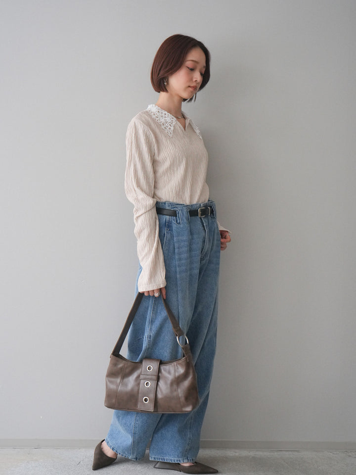 [SET]袖スリットレースカラートップス+ハイウエストベルトループデザインデニムパンツ(2set)