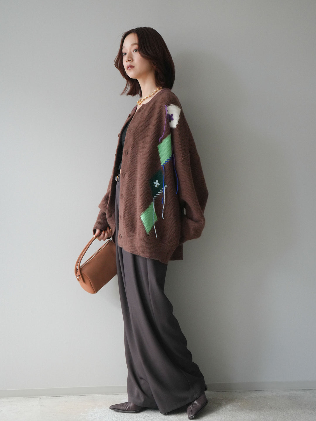 [SET]ハンドステッチアーガイルデザインニットカーディガン+ベルトループデザインワイドパンツ(2set)