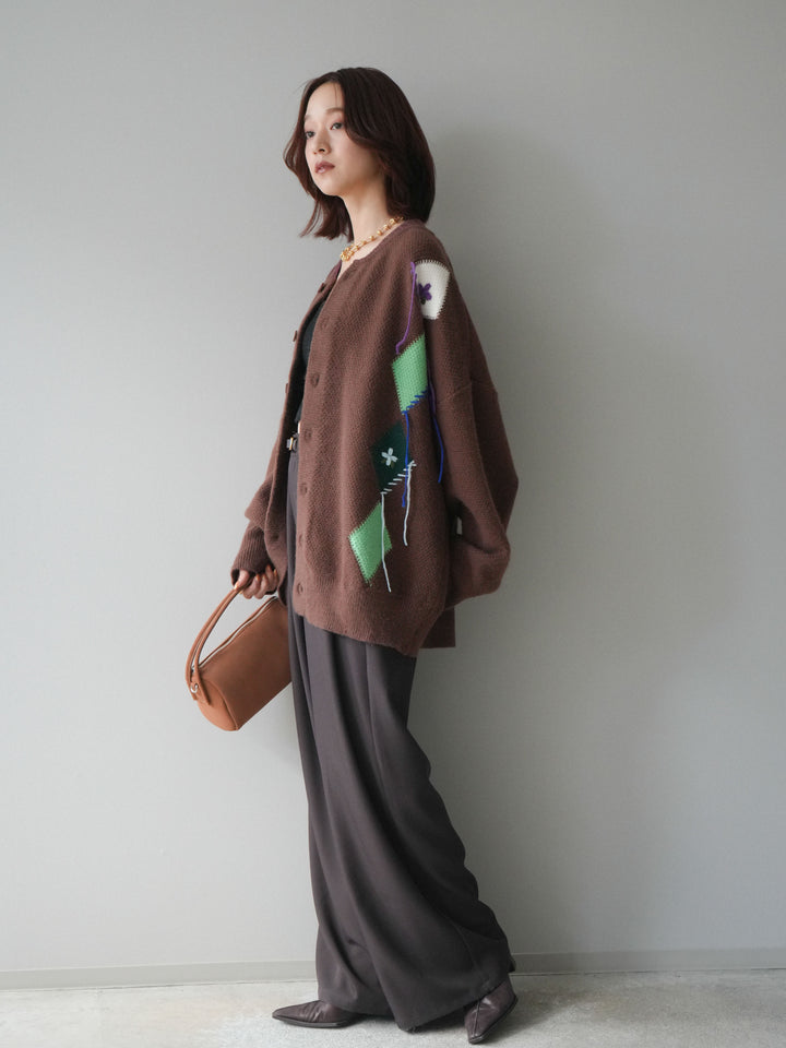 [SET]ハンドステッチアーガイルデザインニットカーディガン+ベルトループデザインワイドパンツ(2set)