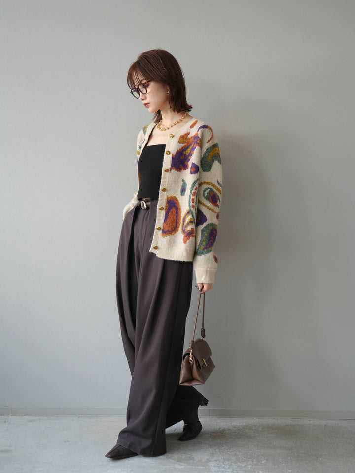 【着回しセット】[SET]求心柄クロップドニットカーディガン+ミックスヤーンペイズリー柄ニットカーディガン+ベルトループデザインワイドパンツ(3set)