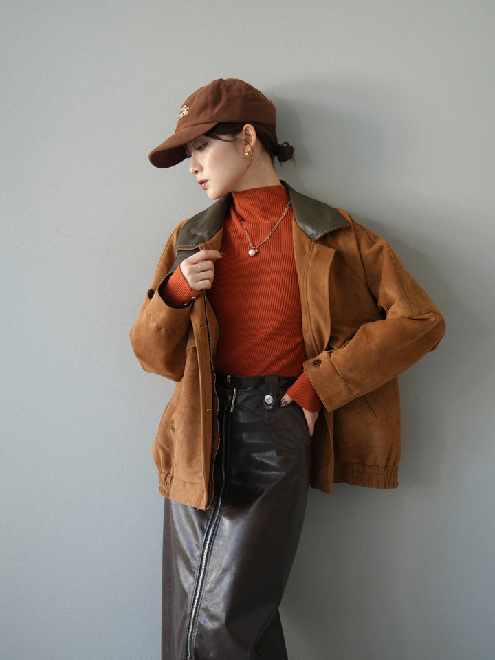 [予約]デザインポケットレザー襟スウェードジャケット/キャメル