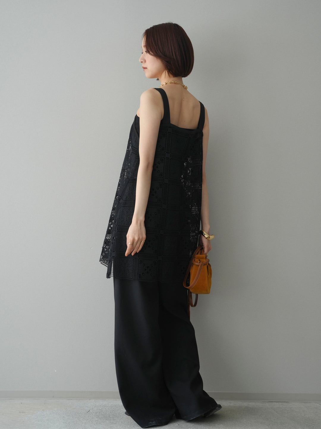 [SET]配色パネルレースキャミソール+ベルト付キーホルダーモチーフワイドパンツ(2set)