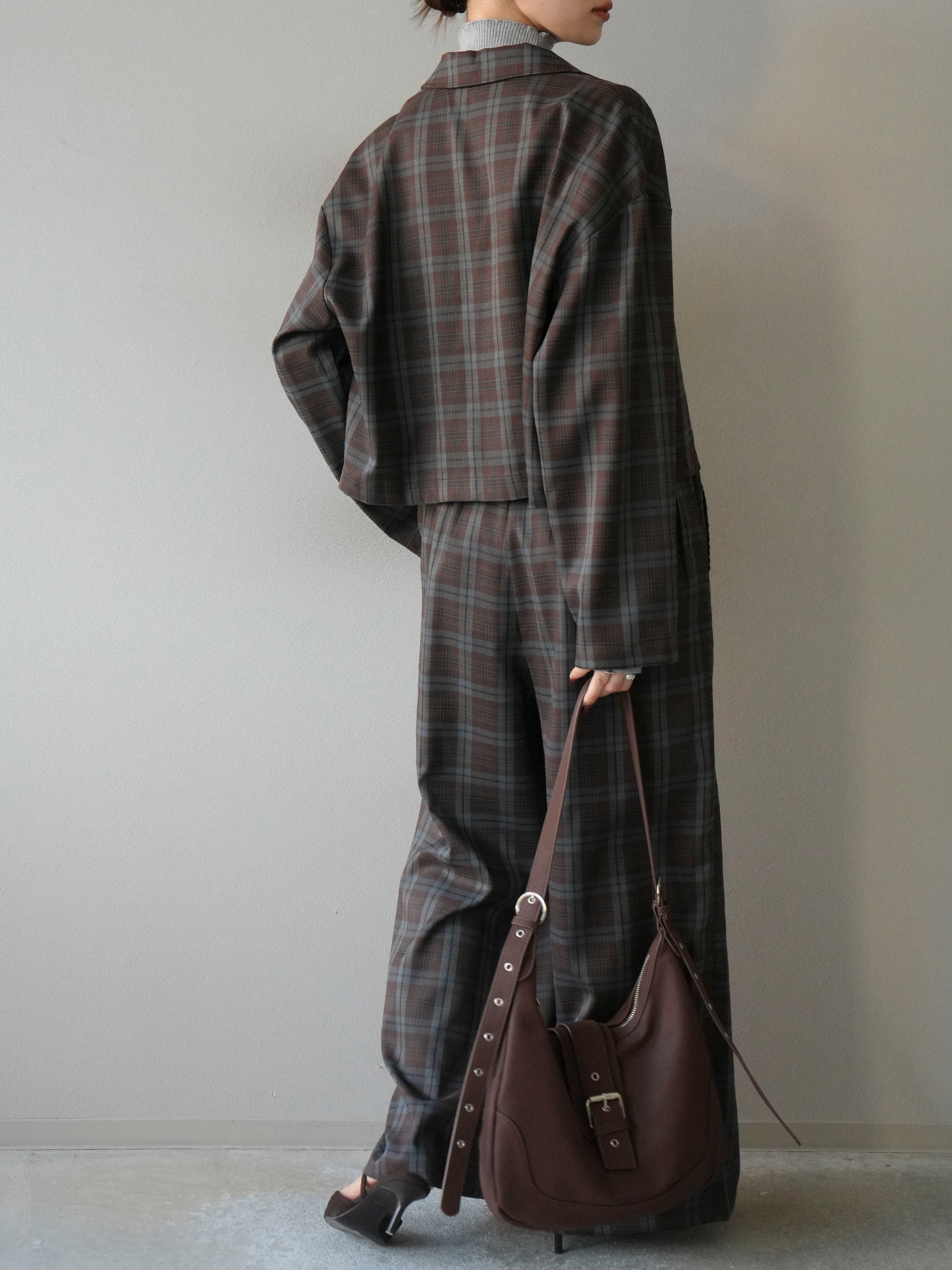 SET]チェック柄ショートジャケット+チェック柄イージーパンツ