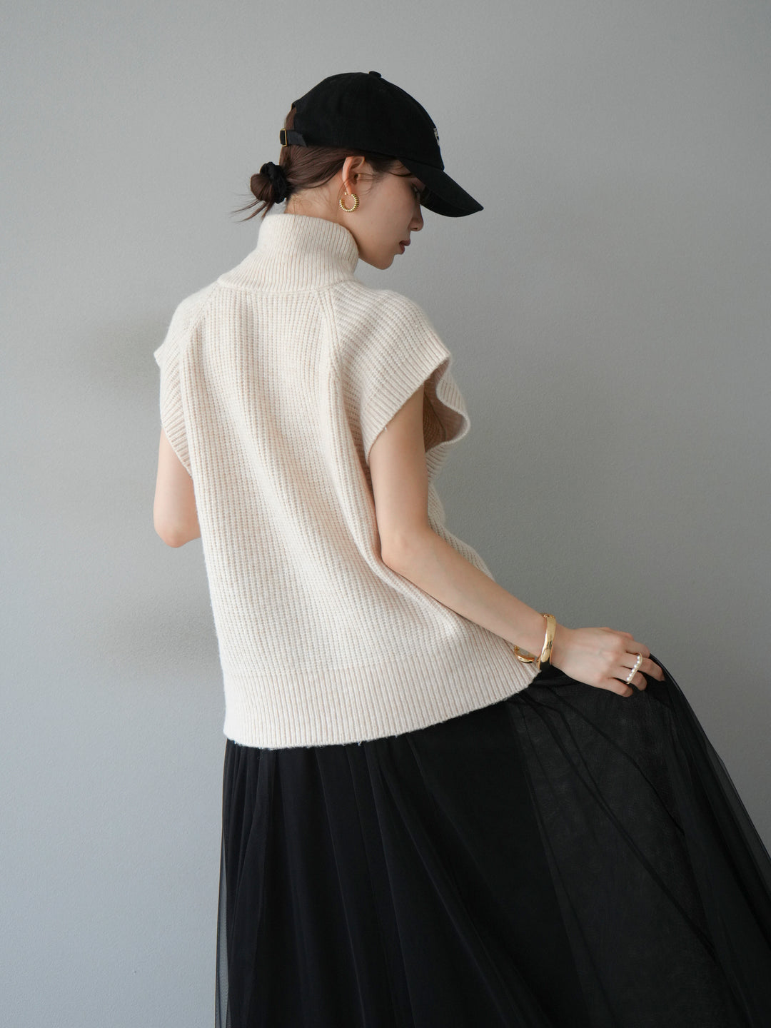 [予約]ダブルZIPハイネック畦編みニットベスト/オートミール