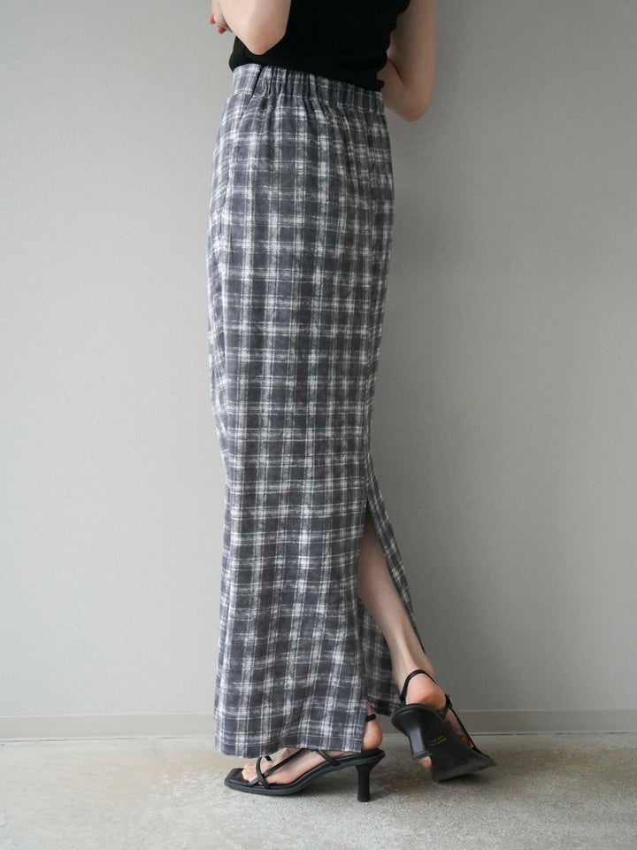 [予約]チェックプリントタックIラインスカート/グレー