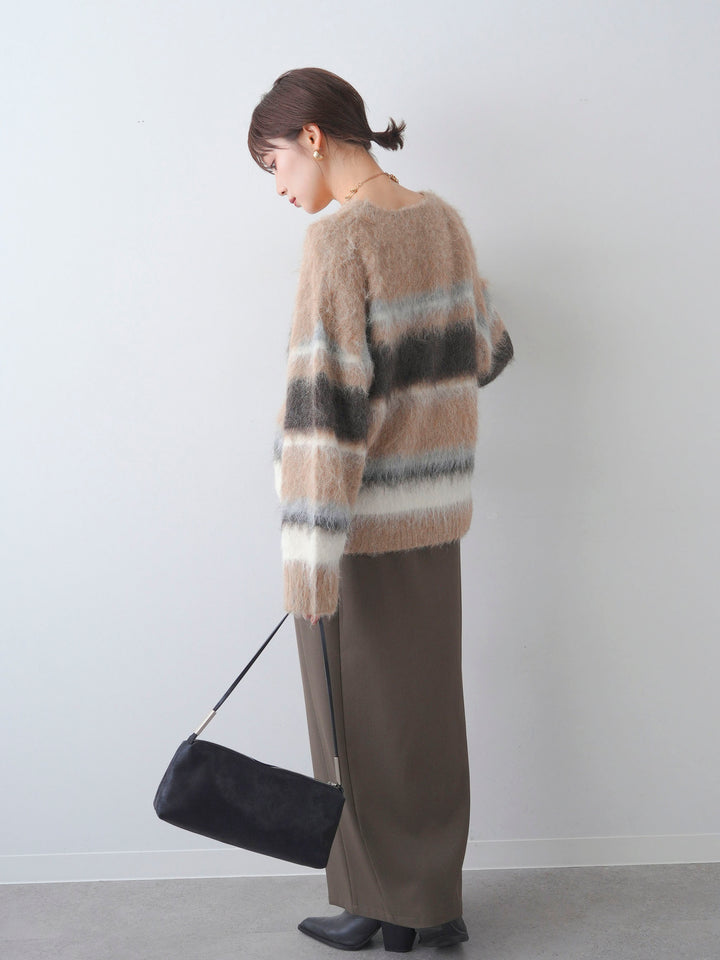 [SET]カラフルボーダーシャギーニットプルオーバー+クレープデシンフラップ付きストレートスカート(2set)