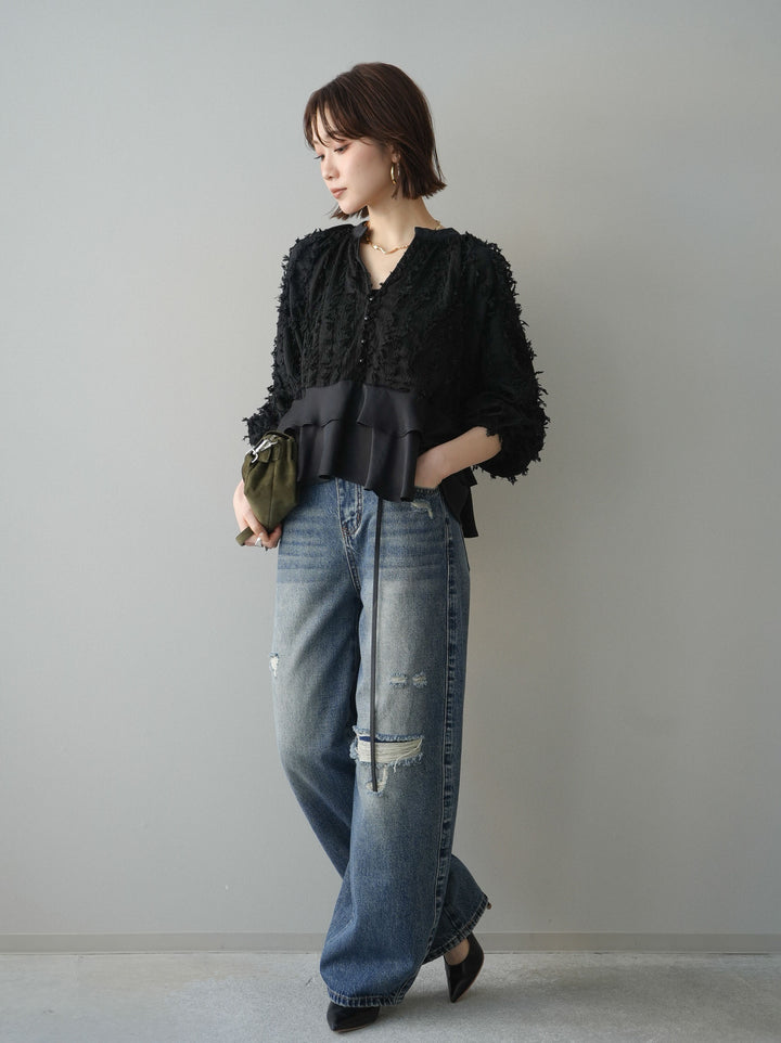 [予約]ダメージデニムセミワイドパンツ/blue