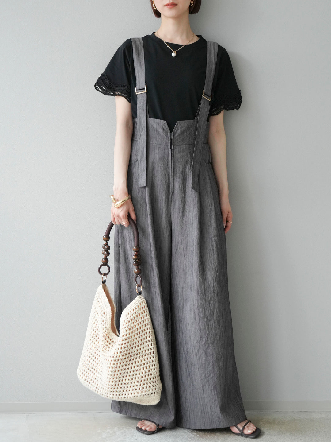 [予約]ストリングデザインハイウエストサロペット/チャコール