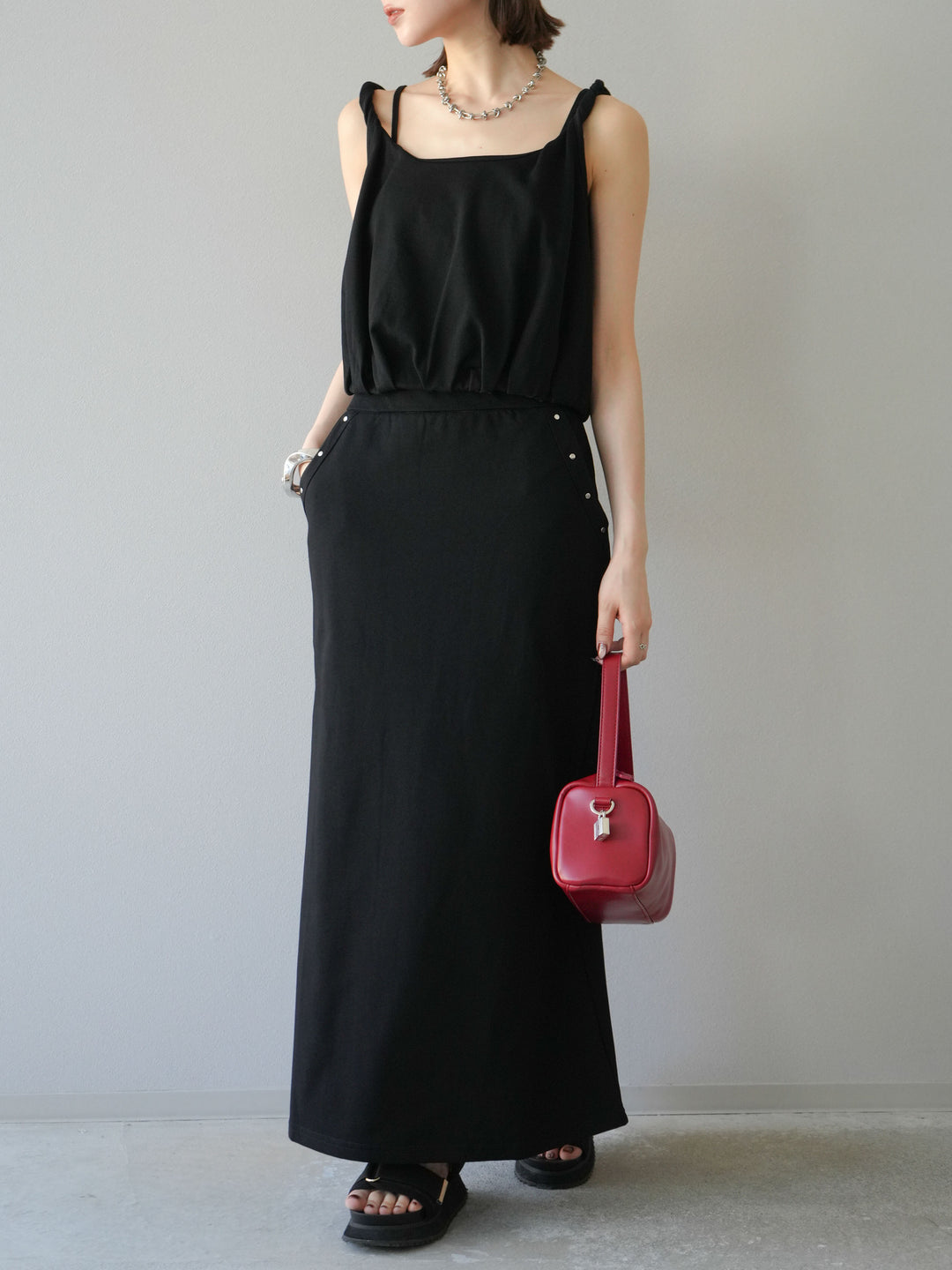 [SET]ミニ裏毛ツイストキャミバルーントップス＆Iラインスカート(2set)