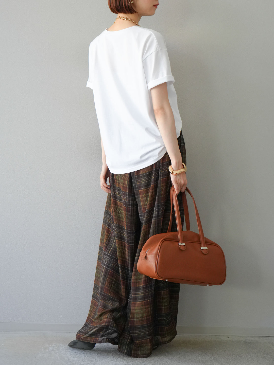 [SET] 薄紗層疊印花T卹 + 透視格紋寬鬆褲 (2件套)