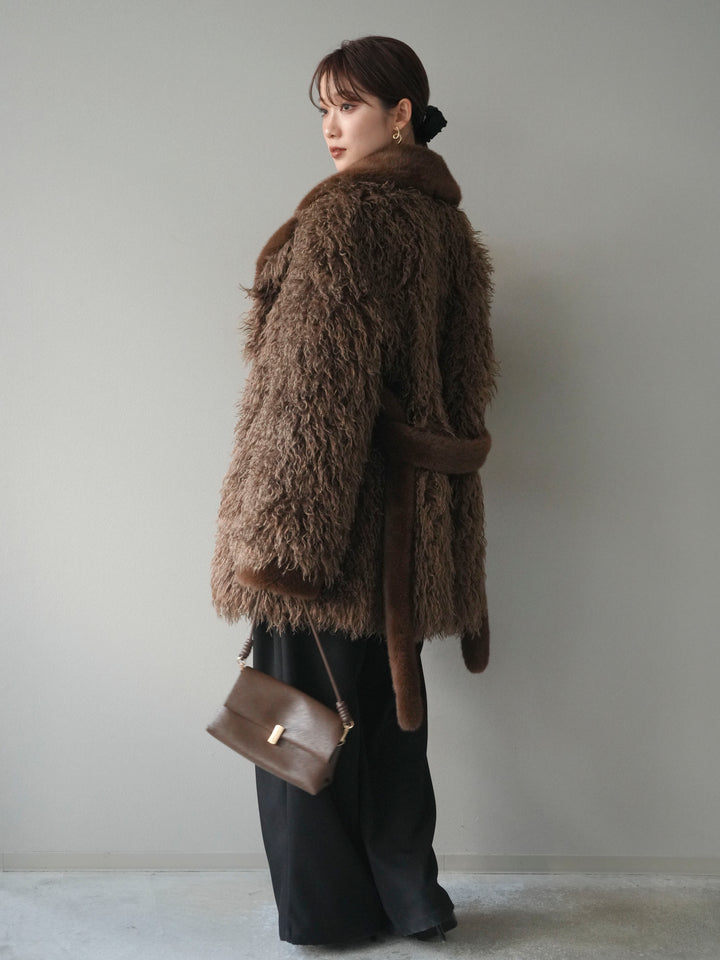 [予約]異素材ファー×ムートンコート/brown