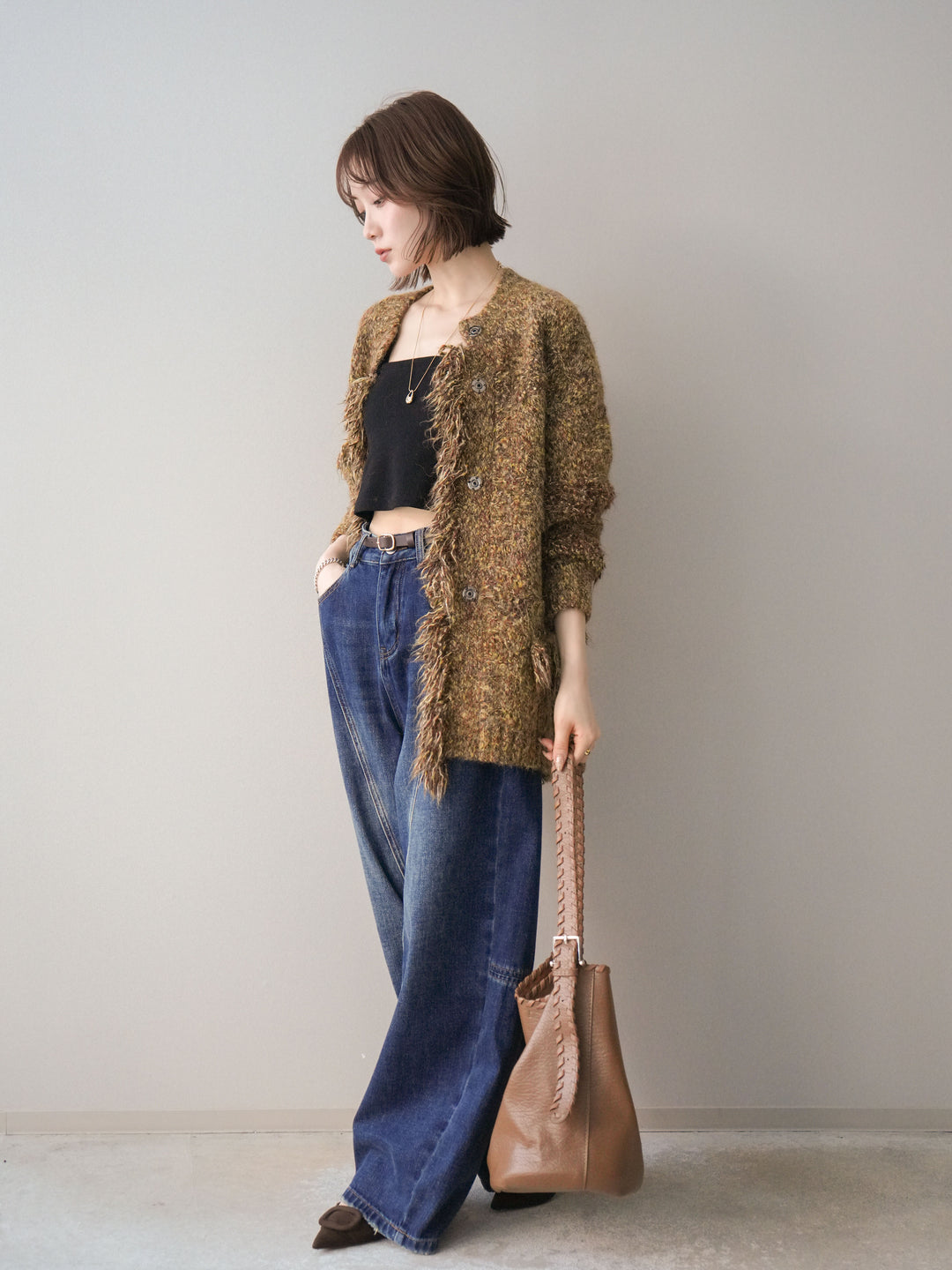 [SET]ミックスヤーンフリンジデザインニットジャケット+裏起毛加工デニムカーブパンツ(2set)