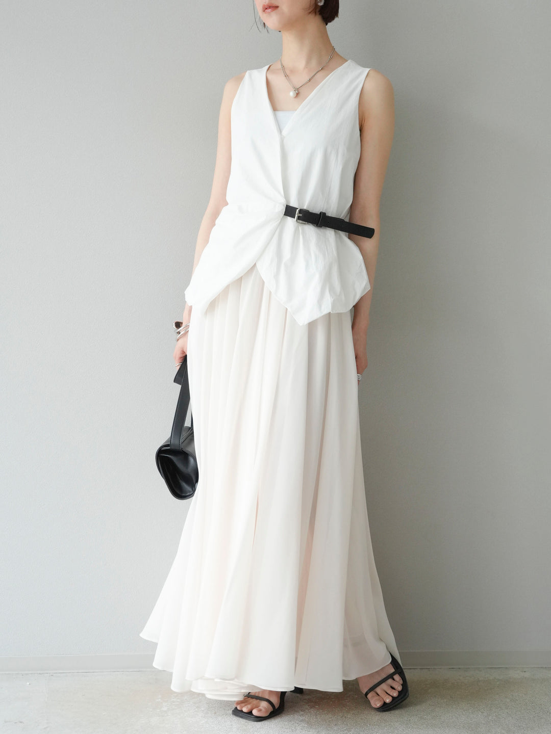 [SET]ベルトデザインバルーンブラウス+シフォンフレアスカート(2set)