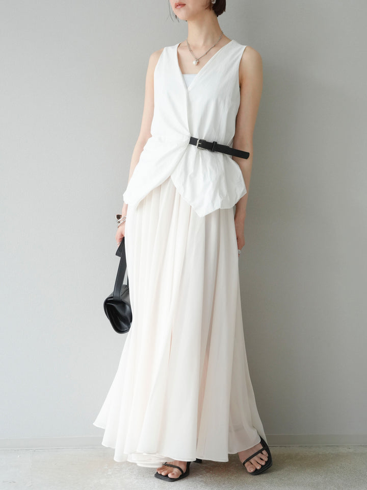 [SET]ベルトデザインバルーンブラウス+シフォンフレアスカート(2set)