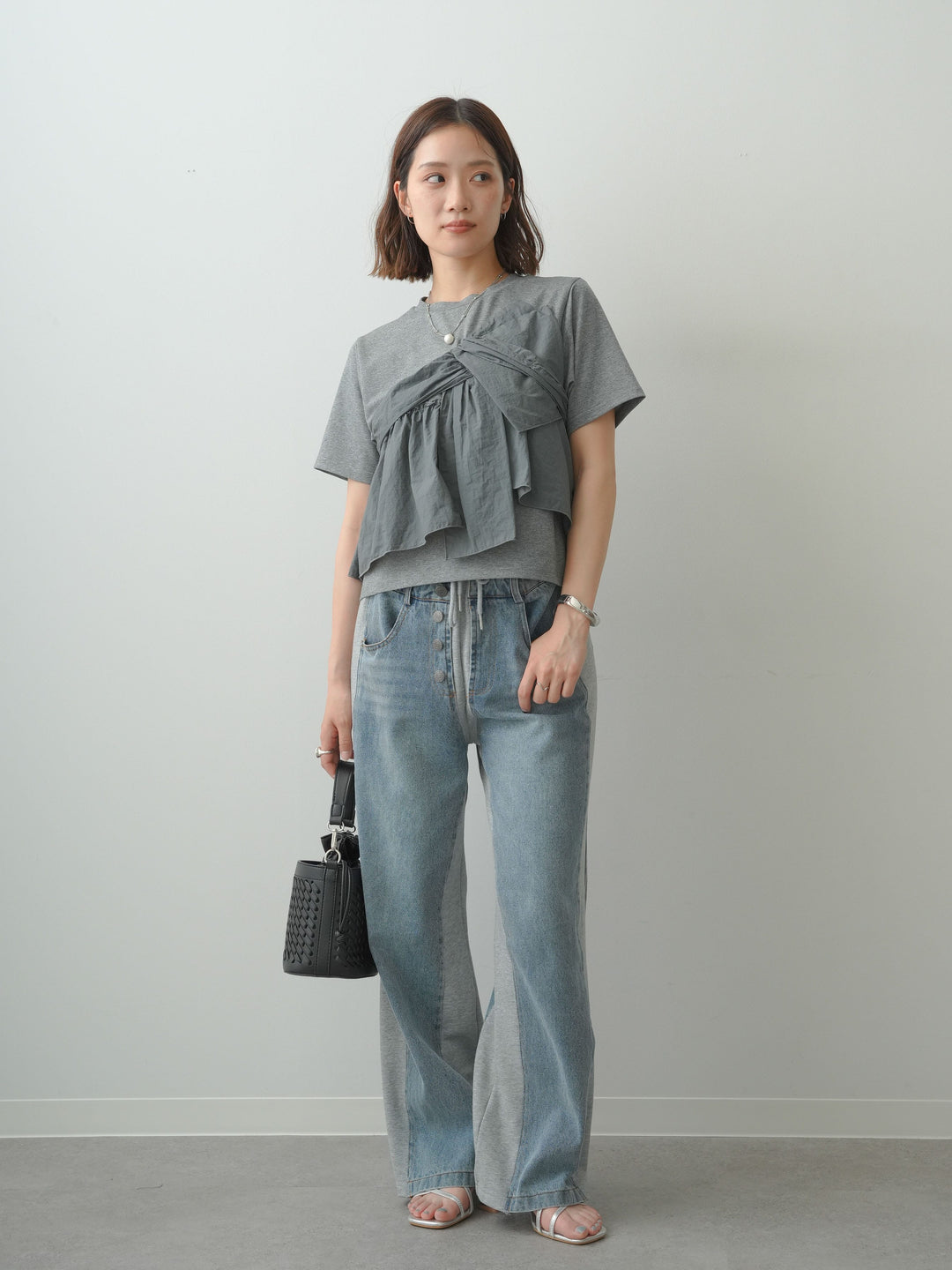 [SET]ナイロンドッキングツイストTEE +デニム切替スウェットパンツ(2set)