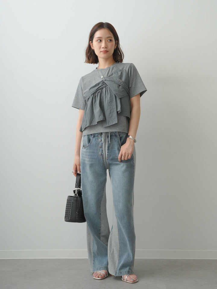[SET]ナイロンドッキングツイストTEE +デニム切替スウェットパンツ(2set)