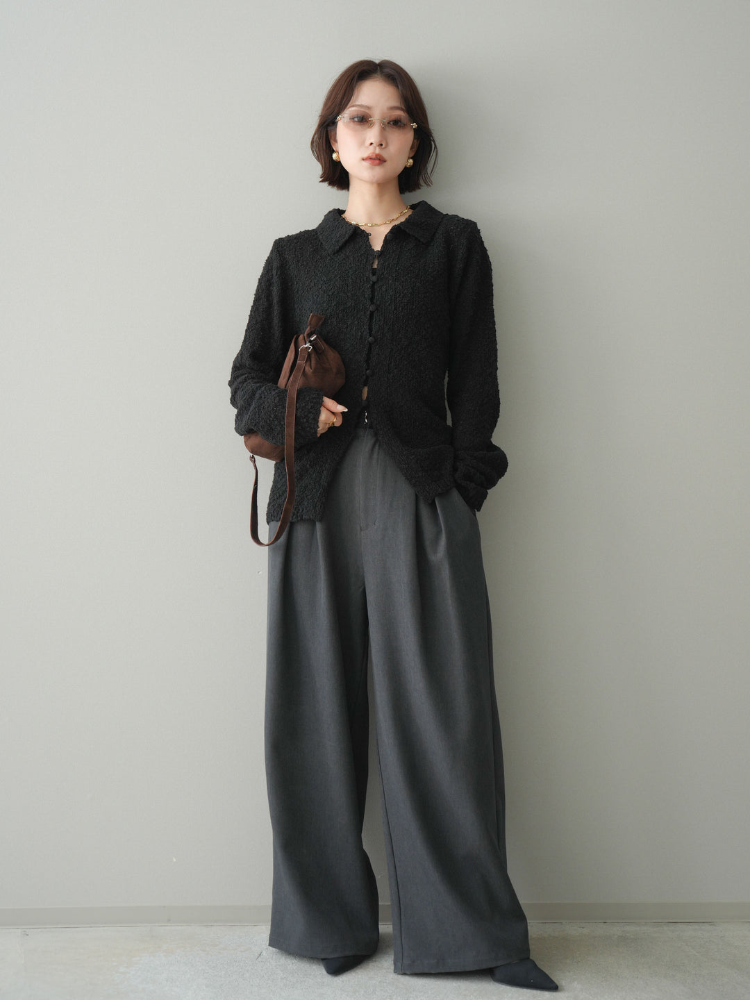 [予約]透かし編みブークレポロニットトップス/black