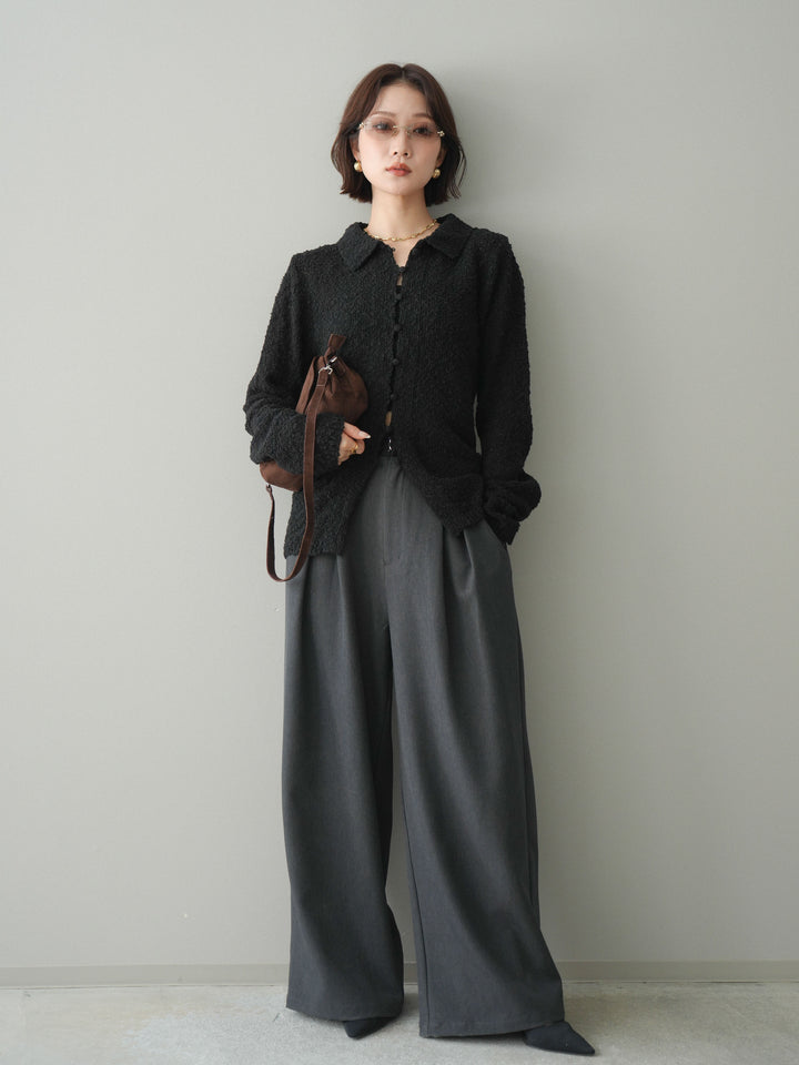 [予約]透かし編みブークレポロニットトップス/black