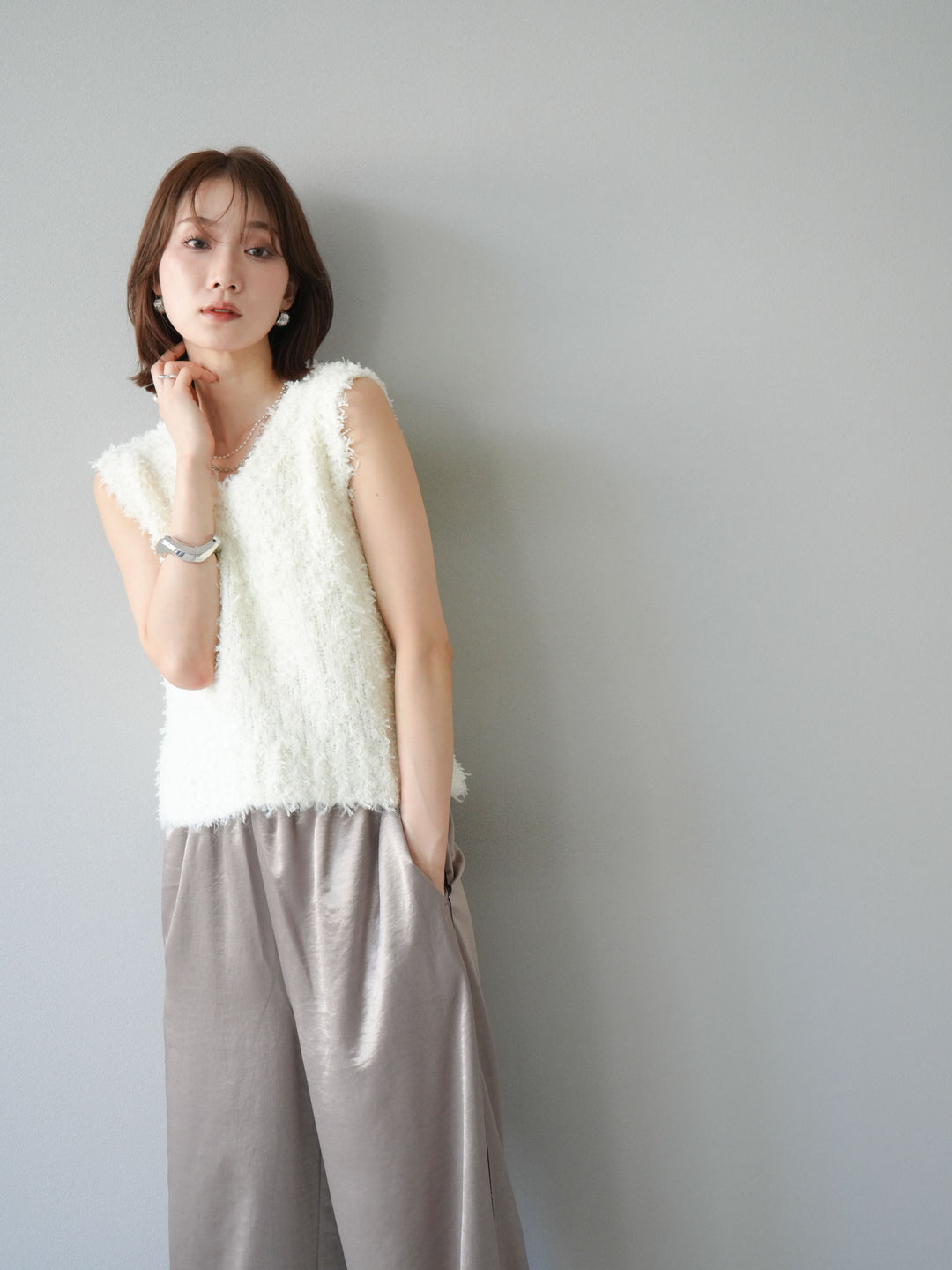 [予約]テープヤーンフリンジニットベスト/アイボリー