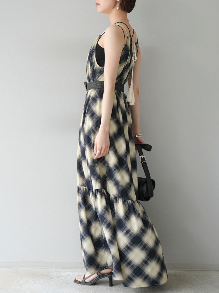 [SET] 繫腰帶格紋無袖洋裝 + 繫腰帶格紋無袖洋裝 (2 套)