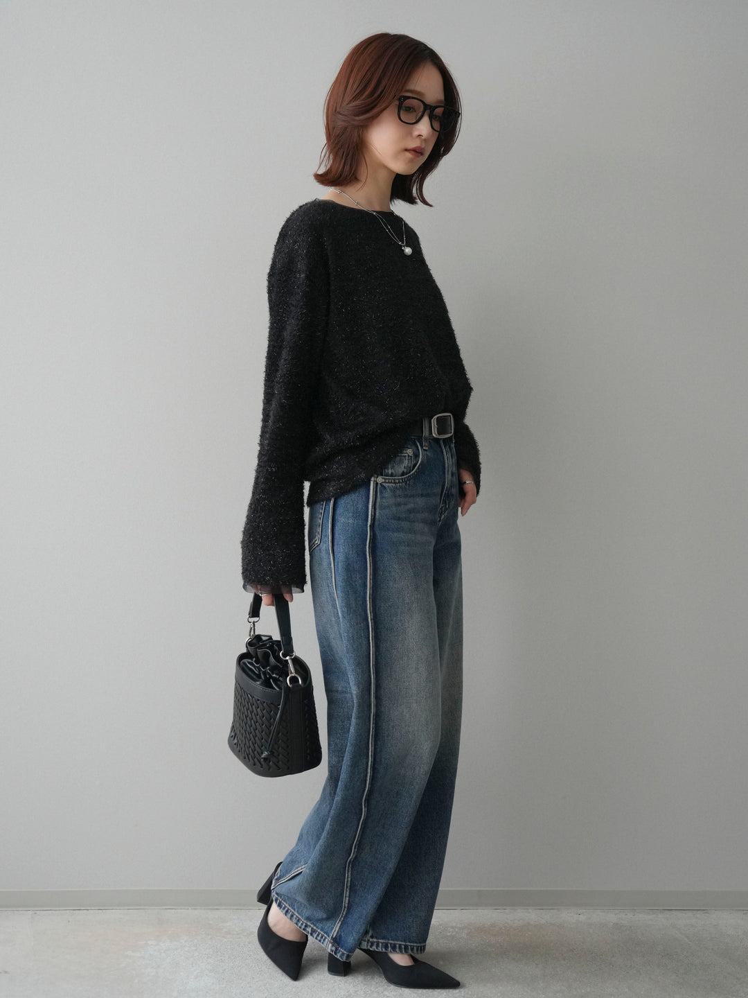 [SET]ラメシャギートップス+サイド切替カーブデニムパンツ(2set)