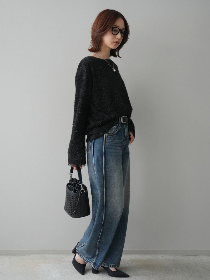 [SET]ラメシャギートップス+サイド切替カーブデニムパンツ(2set)