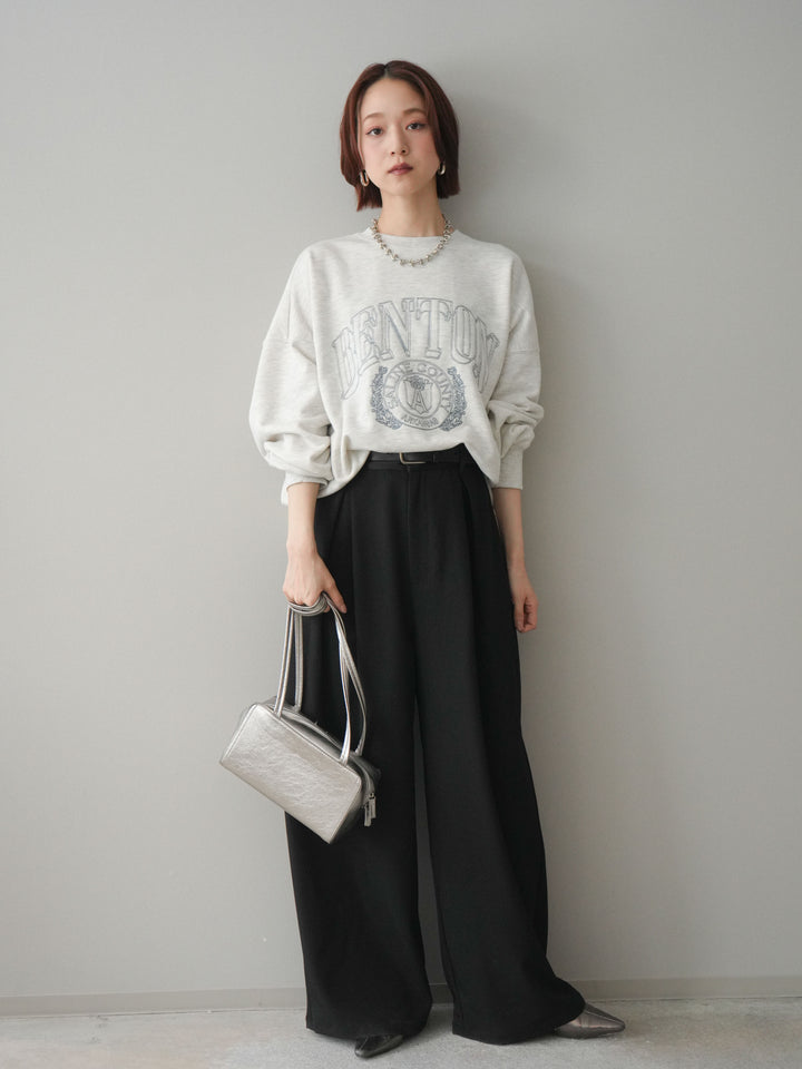 [SET]カレッジロゴ刺繍BIGスウェットプルオーバー+サテンベルトタックワイドパンツ(2set)