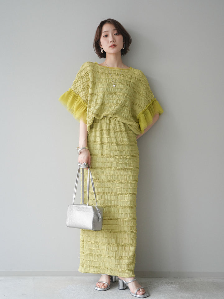 [SET]チュール袖リップルトップス+リップルIラインスカート(2set)