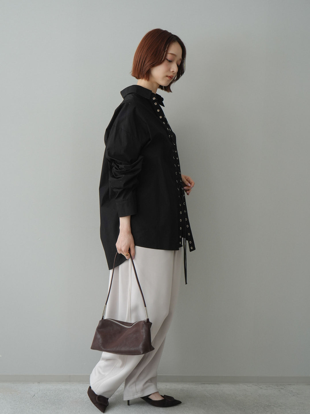 [SET]レースアップブロードシャツ+バイカラー異素材サイドラインライトポンチパンツ(2set)