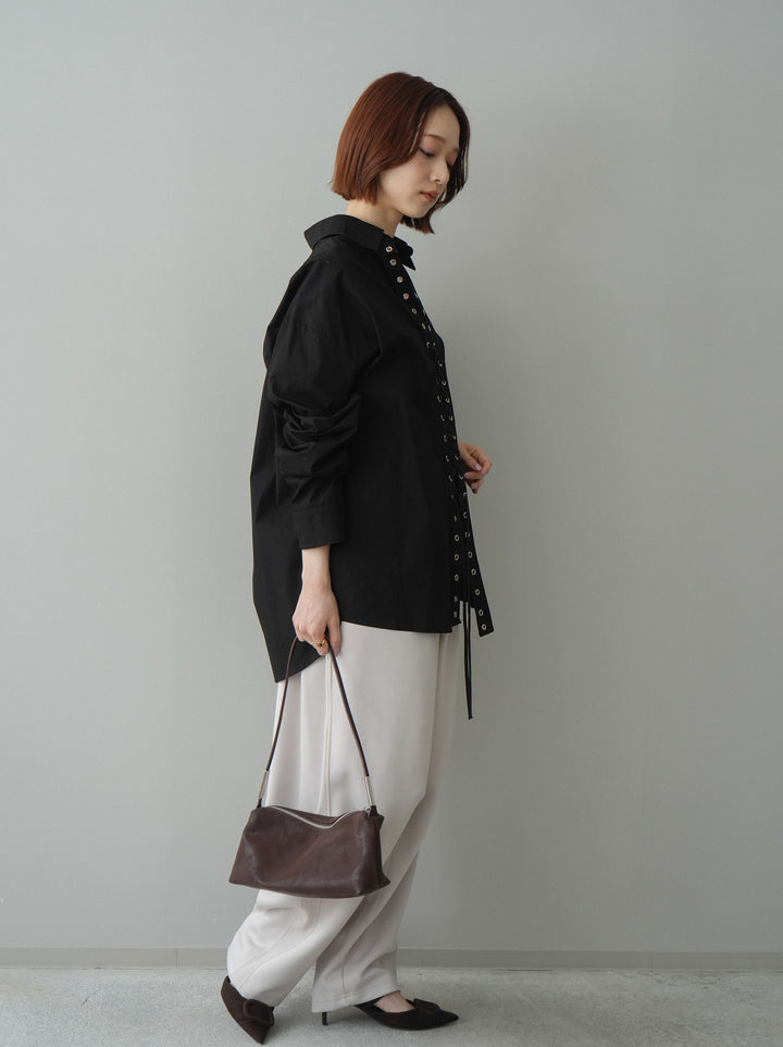 [SET]レースアップブロードシャツ+バイカラー異素材サイドラインライトポンチパンツ(2set)