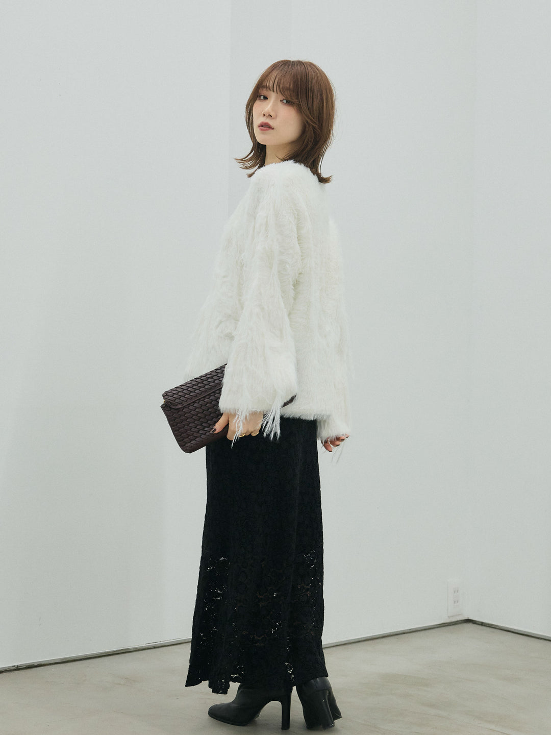 [予約]起毛レースストレッチナロースカート/black