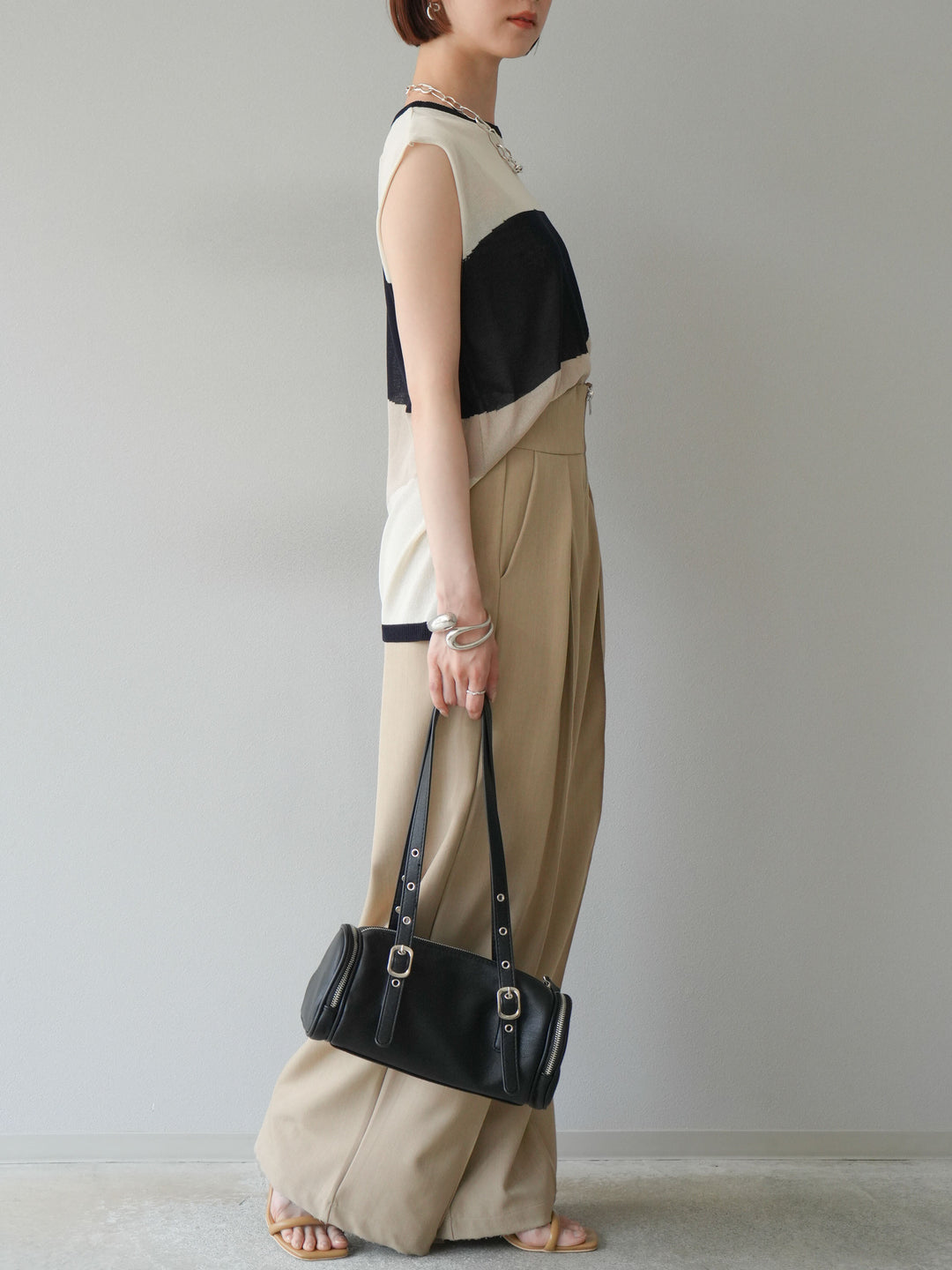 [SET]バイカラーシアーニットノースリーブ+ジップタックワイドパンツ(2set)