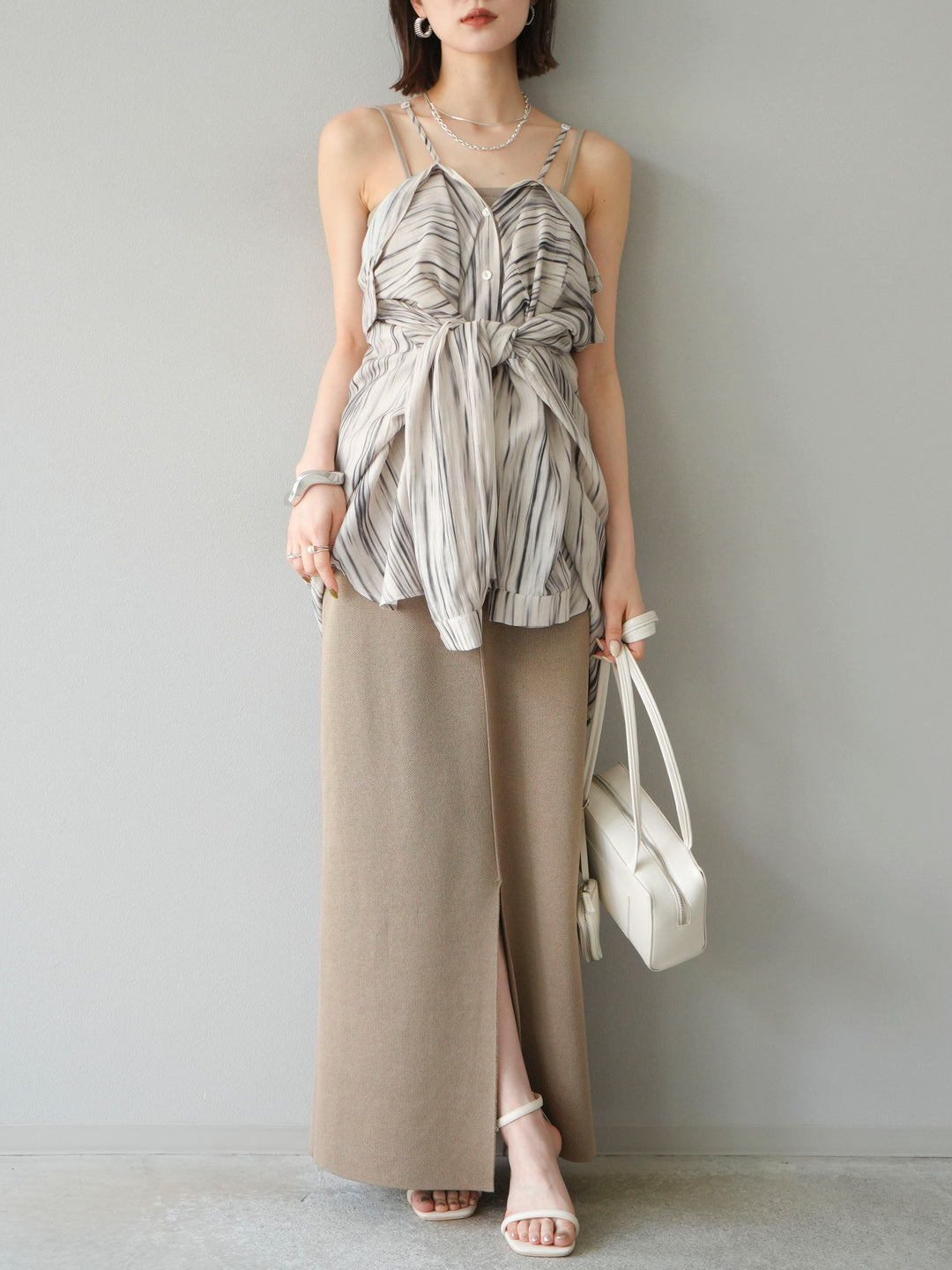 [予約]レーヨンポリIラインニットスカート/ベージュ