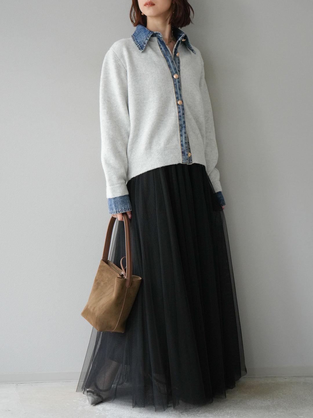 [SET]デニム襟ボタンニットカーディガン+チュールボリュームスカート(2set)