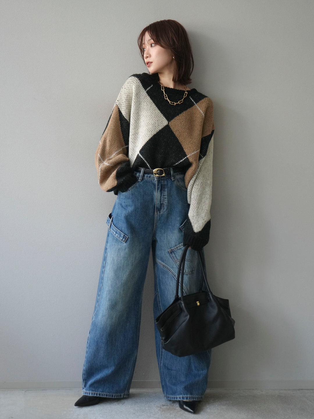 [予約]配色ステッチアーガイル柄ニットプルオーバー/black