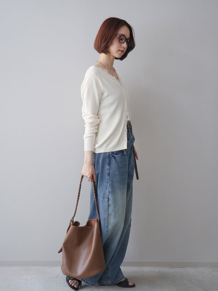 [SET]レースレイヤードニットカーディガン+アシメデザインワイドデニムパンツ(2set)