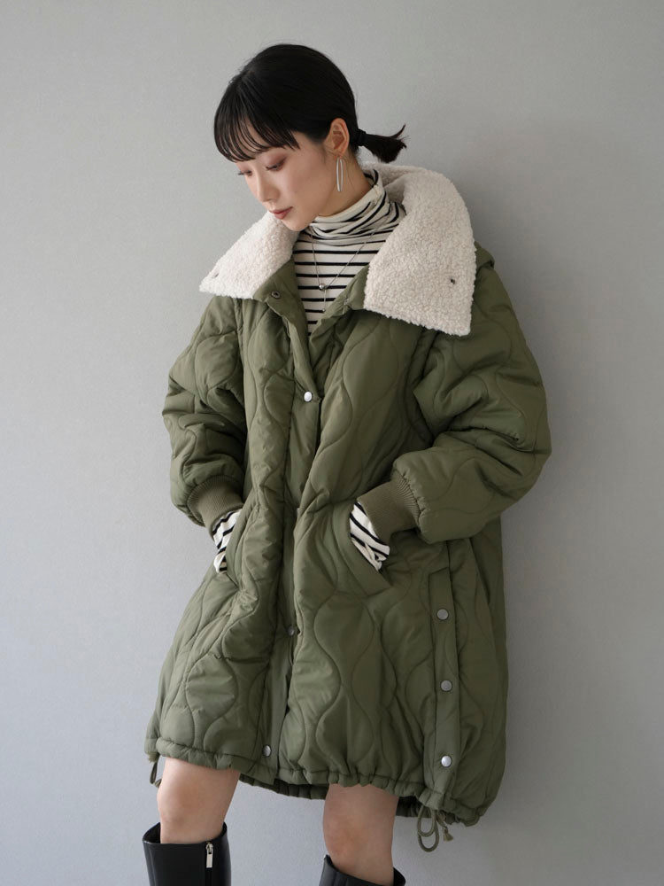 [Pre-order] 2-way quilted mid-length coat with fleece collar/khaki