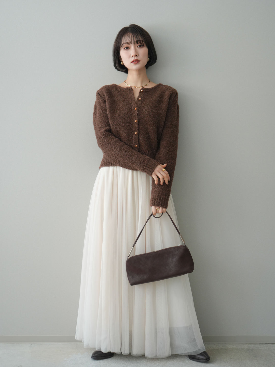 [SET]ゴールドボタンブークレニットカーディガン+チュールボリュームスカート(2set)